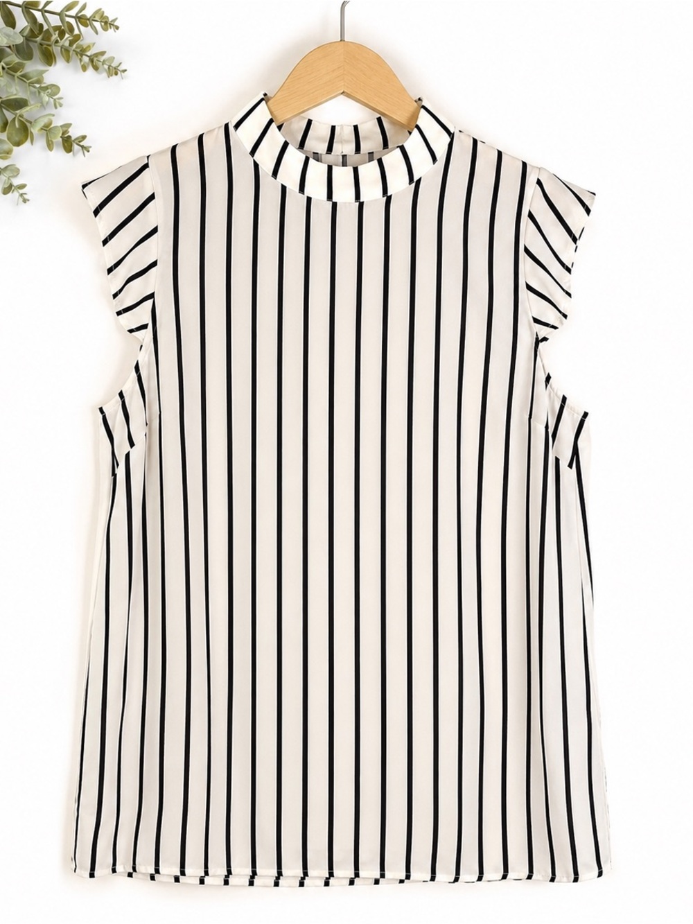 Sleeveless Mock Neck Vertical Stripe Top - White/Black